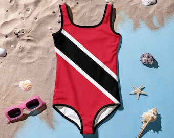 Trinidad & Tobago One-Piece Swimsuit for Kids, Trini Clothing, gift for toddler, Girls swimwear, red swimsuit