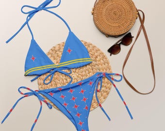 Aruba Bikini Set, Blue Bikini, Triangle Bikini, Large Bust Swimwear, Red Stars, Gift for Girlfriend, Gift for Wife