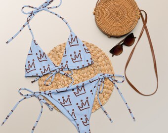 Queen Bee String Bikini, Crown for Women, Plus SIze Swim Wear, Blue Two Piece, Bikini Set