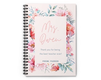 Personalized Teacher Spiral Notebook, Ruled Line, Custom Notebook, Floral Pink,  Best Teacher, Teacher Appreciation, For Teacher