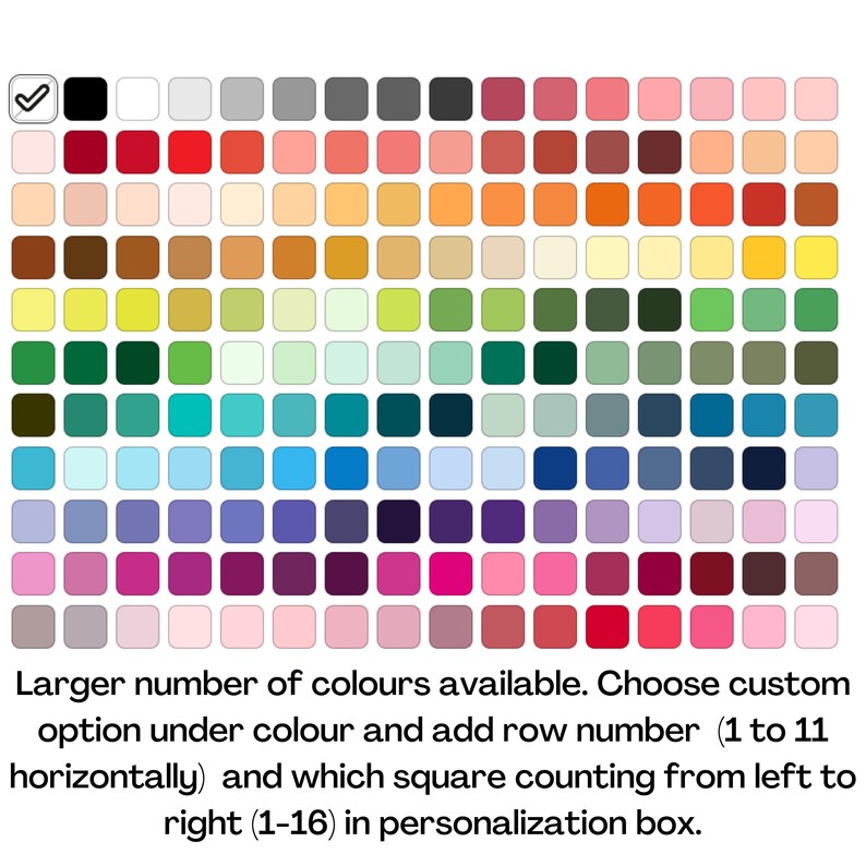 May include: A color palette chart with 176 color swatches arranged in a grid. The chart includes a variety of colors, including black, white, gray, red, orange, yellow, green, blue, purple, and pink.