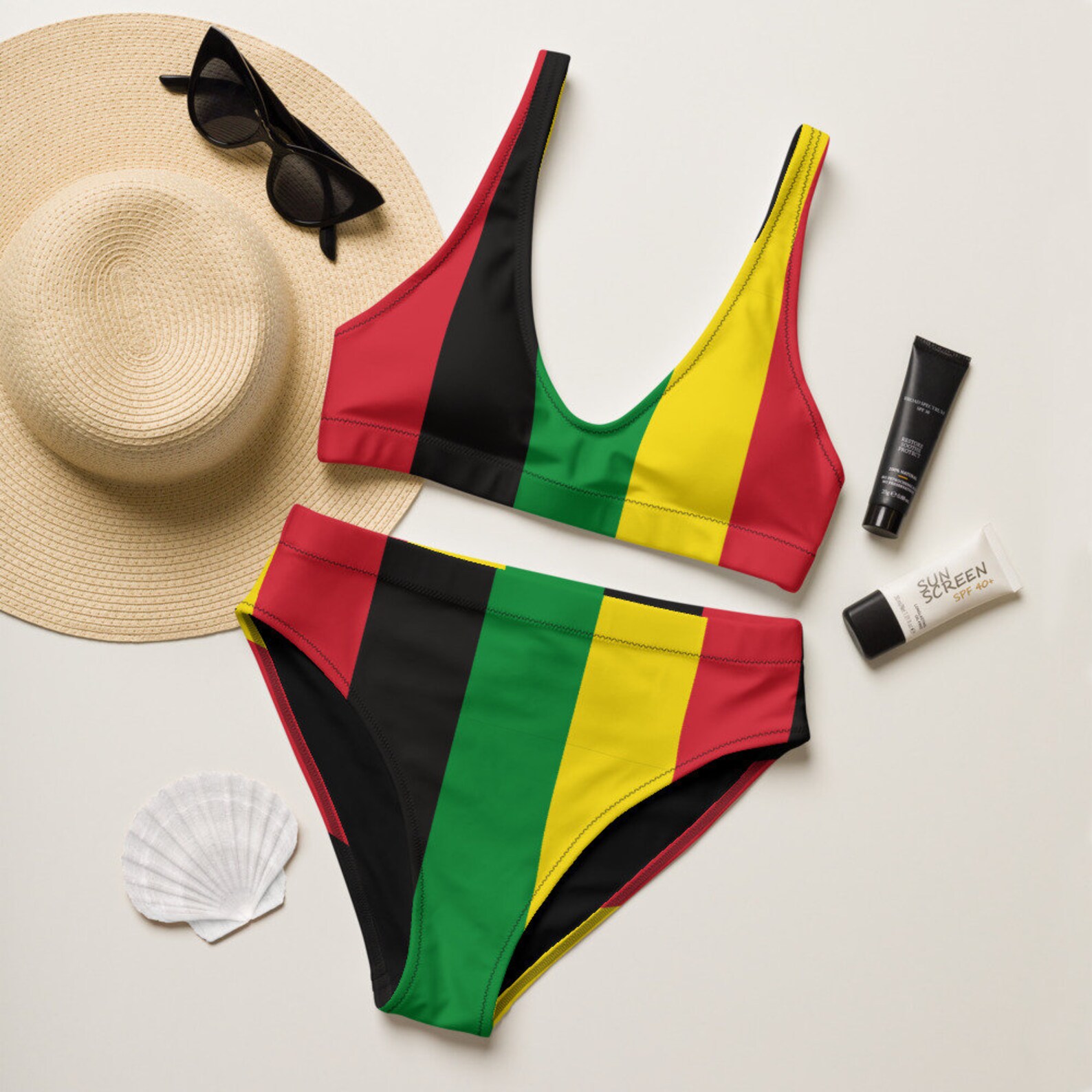 Jamaica Rasta Coloured High Waisted Bikini, Ecofriendly Swimwear