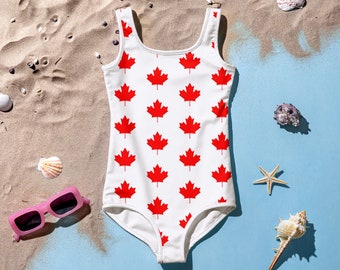 Canadian Kids Swimsuit, Canada Day Swimwear, Canadian Flag One-Piece, July 1st, Red and White Swimsuit, For kids, Maple Leafgift for toddler