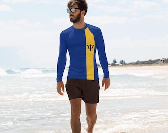 Barbados Flag Rashguard, Men's Rash Guard, Long Sleeve Swimwear, Water sports, UV protection , Quick dry fabric
