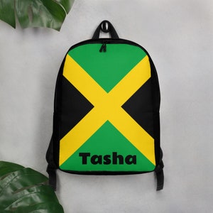 May include: Black backpack with the Jamaican flag printed on the front. The name "Tasha" is printed in black letters below the flag.