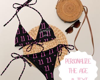 Personalized Birthday String Bikini, Birthday Swimsuit, 21st Birthday Gift for Women, twenty one and legal, Birthday Girl