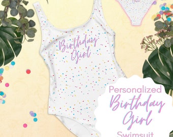 Birthday Girl Confetti Swimsuit, Personalized One Piece, Rainbow Swimsuit, Birthday Gift, Birthday Trip, Birthday Outfit