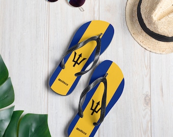 Custom Barbados Flip-Flops, Personalized Gifts, Name Gifts, Bajan Clothing, Barbados Flag, Blue Sandals, Yellow Sandals, Barbados Swimwear,