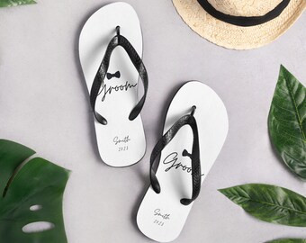 Personalized Groom Flip-Flops, Bride and Groom Beach wear, Groom Gift, Honeymoon, Personalized, Minimalist, Wedding, Bow Ties