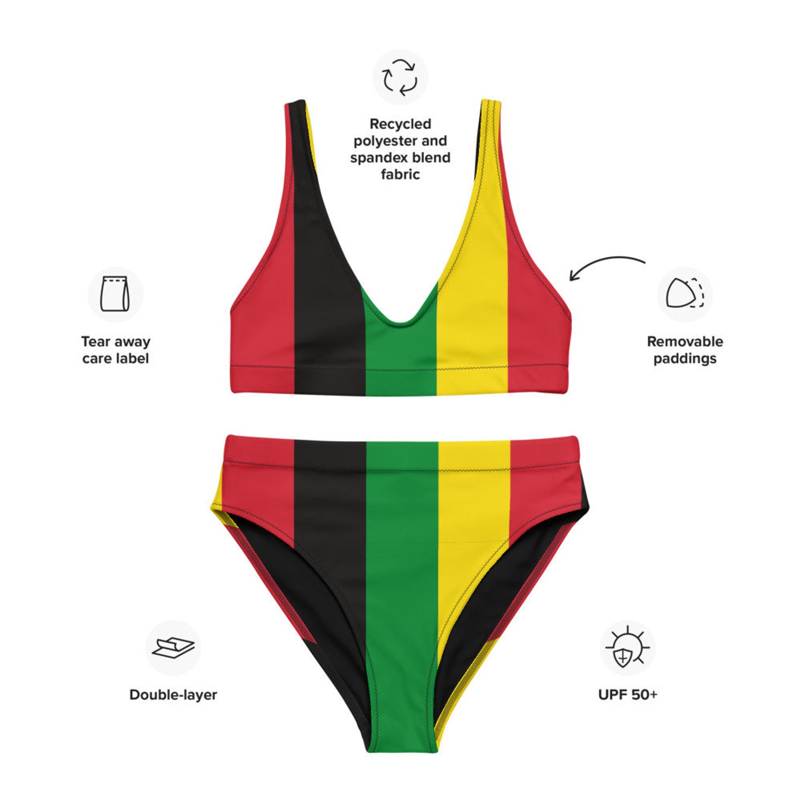 Jamaica Rasta Coloured High Waisted Bikini, Ecofriendly Swimwear