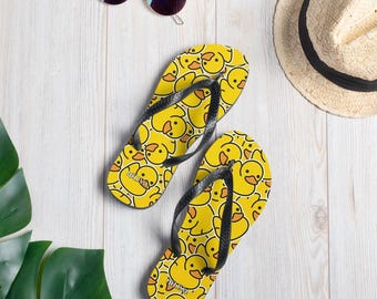 Personalized Rubber Duck Flip-Flops, Yellow Sandals, Rubber Duckie Beachwear