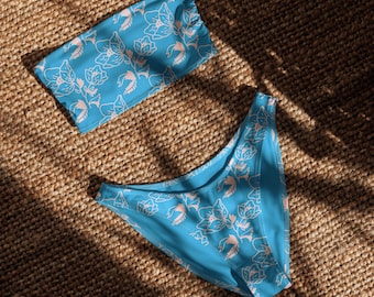 Blue Floral Bandeau Bikini Set, Flowers, Strapless Bikini