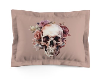 Gothic Skull Pillow Sham, Microfiber Duvet Cover, Floral, King Size, Standard Size, Goth Decor, Skull Bedding