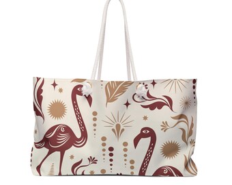 Flamingo Weekender Bag, Oversized Tropical Tote, Beach Travel Bag, Rope Handles, Spun Polyester, Cream Lining, Teacher Tote
