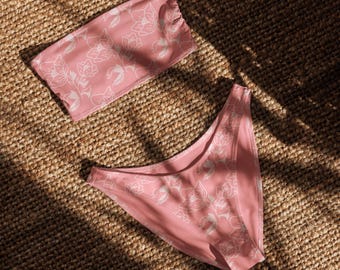 Pink Floral Bandeau Bikini Set, Flowers, Strapless Bikini