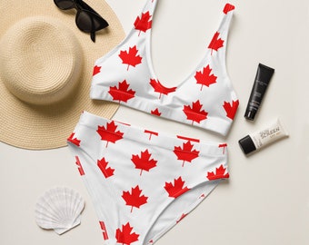 Canada Maple Leaf high-waisted bikini, Red Bikini, White Bikini, Canada Day, Canadian Girl