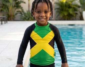 Jamaica Kids Rash Guard, Jamaica Swimwear, Jamaican Swimsuit, Sun Protection,  Beachwear