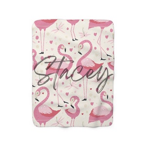Flamingo Name Sherpa Fleece Blanket, Custom Throw Blanket, Personalized Gift, Baptism Gift, Baby shower, Pink decorGift for Baby