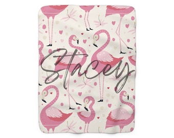 Flamingo Name Sherpa Fleece Blanket, Custom Throw Blanket, Personalized Gift, Baptism Gift, Baby shower, Pink decorGift for Baby