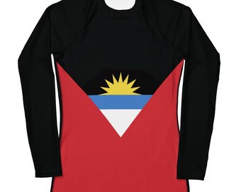 Antigua Flag, Women's Rash Guard, Long Sleeve Swimwear, Water sports, UV protection , Quick dry fabric