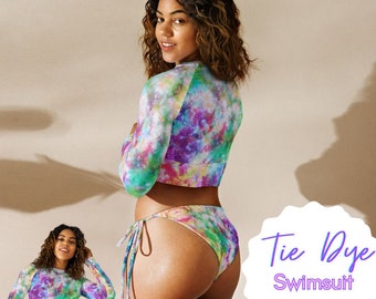 Tie Dye Long Sleeve Swimsuit, Women's Rash guard set, Large Bust Swimwear, Pastel colors, Plus Size Swim, Rainbow, Colorful, Festival Outfit