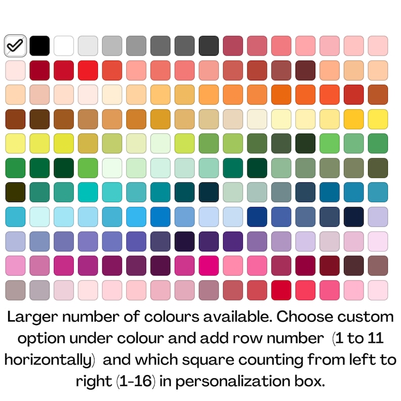 May include: A color palette chart with 176 different color squares arranged in a grid. The chart is divided into 11 rows and 16 columns. The colors range from black to white, with shades of red, orange, yellow, green, blue, purple, and pink.