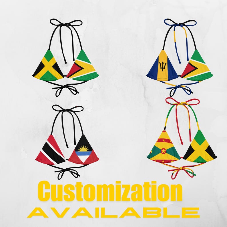 May include: Four bikini tops with different flag designs, including Jamaica, Guyana, Barbados, Trinidad and Tobago, Antigua and Barbuda, and Grenada. The text "Customization AVAILABLE" is in yellow.