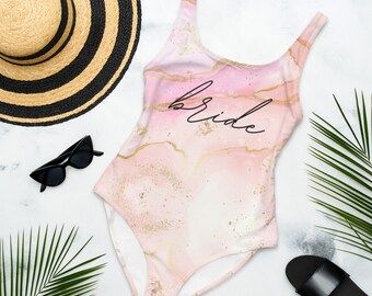 Custom Bride One-Piece Swimsuit, Pink Marble Swimsuit, Bride Gift, Honeymoon, Bachelorette Party, Plus Size Swimsuit