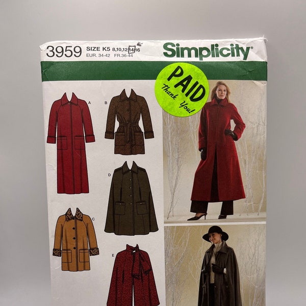 Simplicity 3959 Misses'/Miss Petite Lined Coat and Lined Cape Size K 8-16 CUT at 14