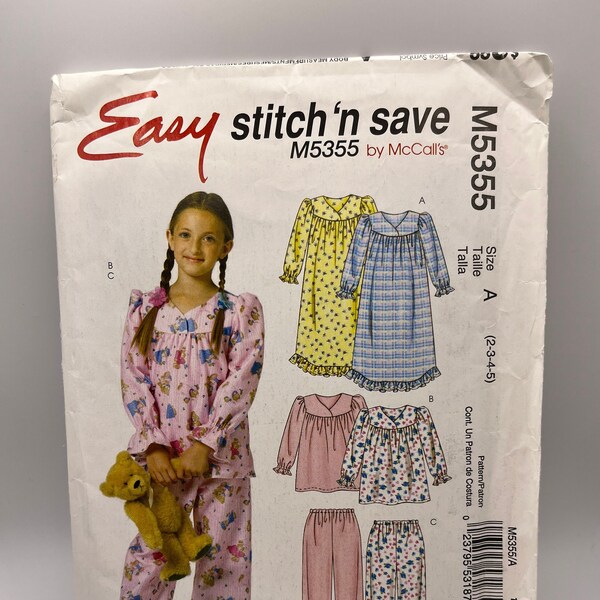 Easy Stitch n Save M5355 Pattern Childs Nightgown Top Pants Size A 2-3-4-5 CUT at 2