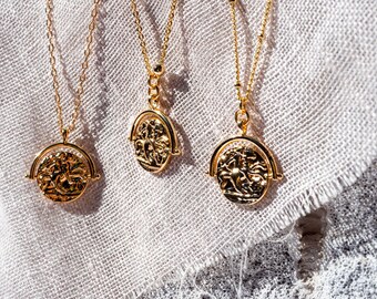 18K Gold Chain Starburst Pendant Boho Medallion Women Vintage inspired Layer necklace Dainty Ancient Greek jewelry Signet Gifts for Her