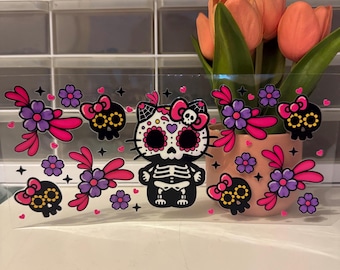 Kawaii Kitty Dia de Los muertos UV DTF | 16oz Uv Dtf Glass Cup Wrap | Ready To Apply