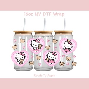 Pink Kawaii Kitty Heart With Bear 16oz UV DTF Wrap | Ready To Apply | Permanent | Uv Dtf Glass Can Wrap