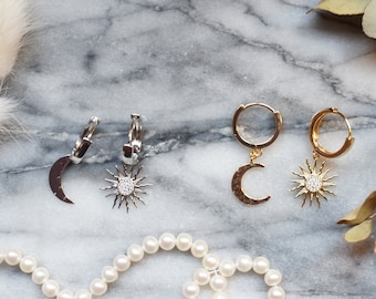 SOLSTICE Sun and Moon Mismatched Thick Gold Huggie Hoop Earrings in Gold/Silver