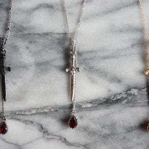 Sword and Blood Drop Necklace / Gold or Silver, Black Deep Red Teardrop Necklace