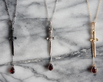 Sword and Blood Drop Necklace / Gold or Silver, Black Deep Red Teardrop Necklace