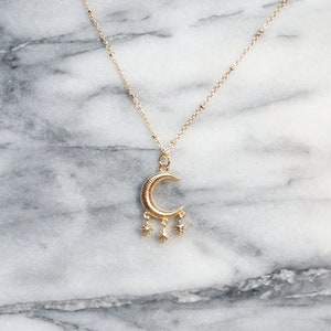 Moon and 3 Star Gold Necklace / Celestial Necklace