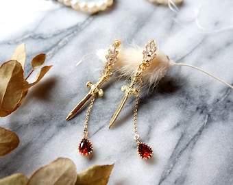 Sword and Blood Drop Dangle 2 Way Earrings / Gold,Silver, Black Deep Red Teardrop Earrings