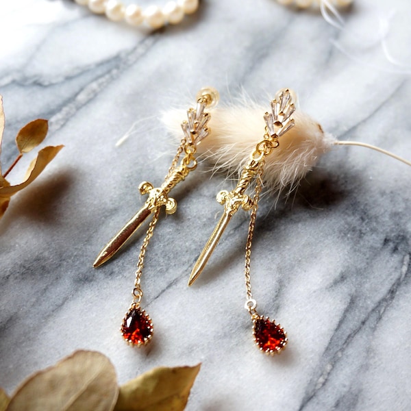 Sword and Blood Drop Dangle 2 Way Earrings / Gold,Silver, Black Deep Red Teardrop Earrings