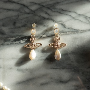 VICTORIA Gold/Silver Orb and Teardrop Pearl / Black Pearl Earrings