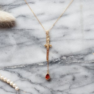 Sword and Blood Drop Necklace / Gold or Silver Deep Red Teardrop Necklace