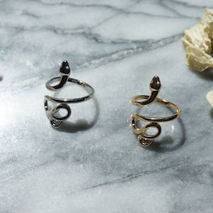 May include: Two snake rings, one silver and one gold, are shown on a marble surface. The rings have a coiled snake design with a raised head. Dried flowers are in the background.