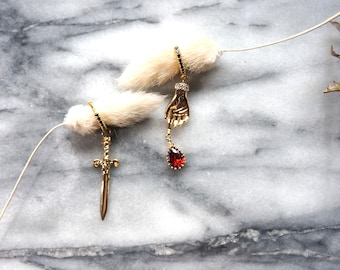 LADY MACBETH Gold / Silver / Black Sword, Hand and Blooddrop Earrings / Hoops