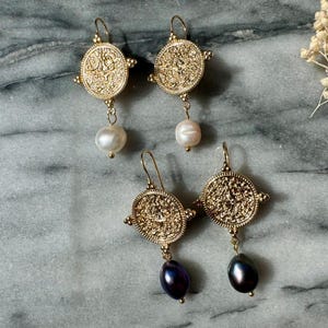 El Dorado Antique Gold Coin and Baroque White / Black Pearl Earrings / Boho Pearl Earrings