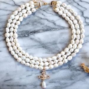 VICTORIA Three Layer Pearl / Black Pearl Necklace / Three Row Pearl Drop Choker