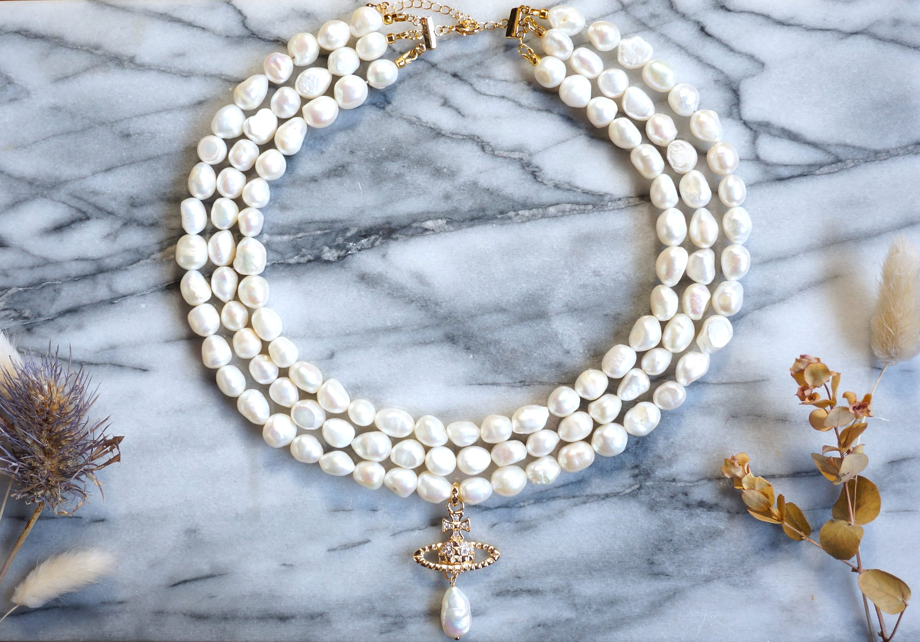 Vivienne Westwood Three Row Pearl Necklace - Etsy Vivienne Westwood Three Row Pearl Necklace - Etsy