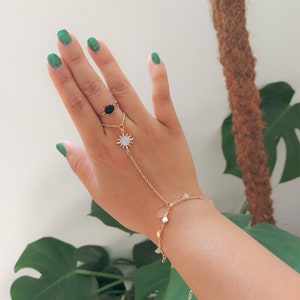 AURORA Hand Chain / Bracelet to Ring Chain / Gold or Silver Hand Chain / Sun Mother Of Pearl Bracelet