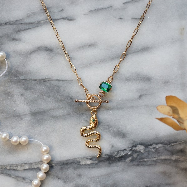 LOKI Green Snake Dainty Toggle Necklace