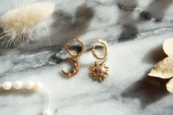Gold Sun and Moon Huggie Earrings Celestial Earrings Etsy UK