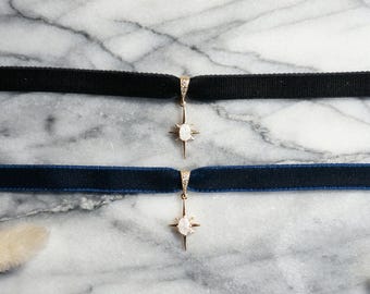 North Star Moonstone and Black / Deep Blue Stretch Velvet Choker/ Black